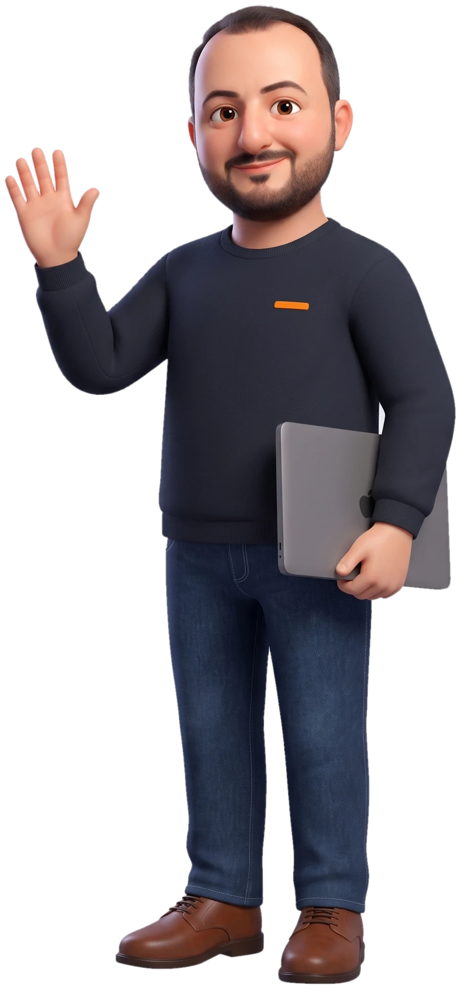 Emre Avci als 3D-Figur, winkend mit Laptop
